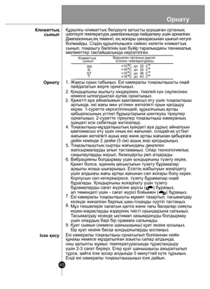 Page 45Орнату
45
1. Жақсы орын  табыңыз. Екі к амералы тоңазытқышты оңай 
    пайдала тын жерге орнатыңыз.
2. Қондырғыны жылы ту кө здерінен, ті ке лей күн сəу лесінен 
    немесе ылғалдықт ан аулақ орна тыңыз.
4. Т оңа зытқыш-мұ зда тқыштың ішіндегі  ауа дұрыс айналуын 
    қам тамасыз е ту үшін оның екі жағынан, с ондай-ақ үстіңгі 
     жағынан же ткілікті ашы қ жер жəне  артқ ы жа ғынан қ абыр ға ға  
    дейін к емінде 2 дюйм (5 см) ашық жер қалдырыңыз.
5. Т оңа зытқыштың сыр тқы жағындағы дөңг елек...