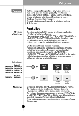 Page 47
47
• Jei reikia greitai sušaldyti maisto produktus naudokitės 
  «Greitojo užšaldymo» funkcija.
  Paspauskite mygtuką «SUPER FRZ.», «EXPRESS FRZ.» ar 
  «SUPER FRZ./VACATION» (žiūrint koks Jūsų šaldytuvo 
  modelis) vieną kartą, paskui užsidegs atitinkamas 
  indikatorius ir prasidės greitojo užšaldymo procesas. 
• Greitasis užšaldymas trunka 3 valandas. 
  Po šio laiko šaldytuvas automatiškai grįžta prie anksčiau 
  nustatytos temperatūros. Norėdami nutraukti greitąjį 
  užšaldymą paspauskite mygtuką...