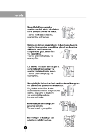 Page 8
8
Neuzstādiet ledusskapi ar 
saldētavu mitrā vietā, kā arīvietā, 
kurai piekļūst ūdens vai lietus.
Tas var radīt īssavienojumu, 
ugunsgrēku un traumas.

Neizmantojiet vai neuzglabājiet ledusskapja tuvumā
viegli uzliesmojošus materiālus, piemēram,benzīnu,
alkoholu, medikamentus, 
sašķidrinātu gāzi, aerosolus 
vai kosmētiku.Tas var izraisīt eksploziju vai
ugunsgrēku.

Lai attīrītu iekšpusē esošo gaisu, 
nenovietojiet ledusskapī vai 
saldētavā aizdedzinātu sveci.
Tas var izraisīt eksploziju vai...