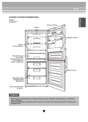 Page 1111
ПРИМITКА
ОСНОВНІ ЧА
СТИНИ Х ОЛО ДИЛЬНИКА
М оде лі:
Якщ о будь-які де талі відсутні у Вашо му х ол одильник у, м ожлив о, вони вх одять до к омплекту 
інших мо делей.
Компанія-виробник має пра во вносити зміни до к омплектації х ол одильник а без попере днього 
повідомлення.
GA-B429****
  
Висувний ящик
для ов очів
(вик орист овується
для з беріг ання
ов очів т а фр уктів) Лампа
Знімна
ск ляна по лиця Д
в
ерна полиц
i
Д верна  р
уч ка
Л
оток для яєць
Нiж ка, рег ульо вана
по ви со тi
Висувний ящик 
мор...