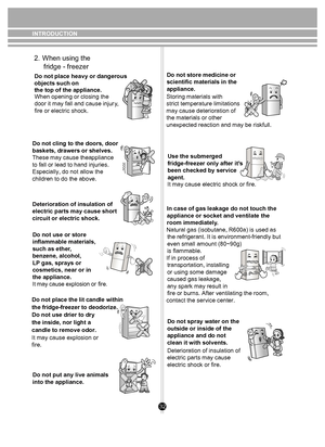 Page 32нет
Ben ze n eEtherTh in n er
NO
.
The  Academ ic
Medicine
32
INTRODUCTION
          
     
    
    
Do not place heavy or dangerous 
objects such on 
the top of the appliance. When opening or closing the 
door it may fall and cause injur
fire or electric shock. y
, 
Do not cling to the doors, door
baskets, drawers or shelves.
These may cause theappliance 
to fall or lead to hand injuries. 
Especially, do not allow the 
children to do the above.
Deterioration of insulation of 
electric parts may cause...