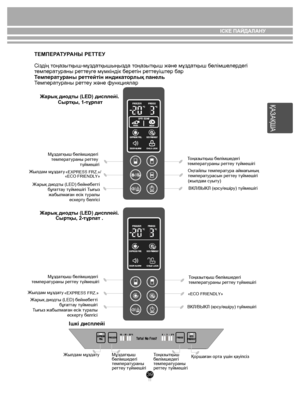 Page 3939
ІСКЕ ПАЙДАЛАНУ
ҚАЗАҚША
ТЕМПЕРАТУР АНЫ РЕТТЕУ
Сіз дің т оңазытқы ш-мұ зда тқы шыңыз да тоңазытқы ш жəне мұ зда тқы ш бөлімше лердегі 
т емпера ту раны ре ттеуге мүмк індік  бере тін ре ттеуішт ер бар
Т емперат ураны ре ттейтін индикат орлық панель
Т емпера ту раны ре ттеу жəне ф ункциялар
Жарық дио дты (LED) дисп лейі. 
Сыр тқы, 1-тұрпат
Мұздатқыш бөлімше дегі 
т емпер ату раны ре ттеу 
түйм ешігі
Жылдам мұз дату
Ж арық ди одты (LED) б ейнебетті 
бұғ аттау түйм ешігі Т ығыз 
жабылмаған есік  ту ралы...