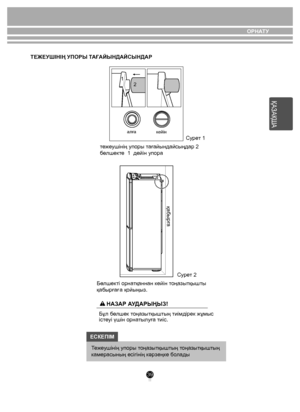 Page 3939
ОРНАТУ
Тежеушінің упоры тоңазытқыштың тоңазытқыштың 
камерасының есігінің кəрзеңке болады
тежеушінің упоры тағайындайсыңдар 2 
бөлшекте  1  дейін упора
Бөлшекті орнатқаннан кейін тоңазытқышты 
қабырғағ а қойыңыз.  
қабырга
Бұл бөлшек тоңазытқыштың тиімдірек жұмыс 
істеуі үшін орнатылуға тиіс.
ЕСКЕПlМ
-
ТЕЖЕУШIНIҢ УПОРЫ ТАҒАЙЫНДАЙСЫНДАР 
Сурет 1
алғакейін
1
2
НАЗАР АУДАРЫҢЫЗ!
Сурет 2
ҚАЗАҚША
 