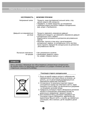 Page 2626
ПОШУК ТА УСУНЕННЯ НЕСПРАВНОСТЕЙ
• Нет напряжения в розетке.
• Необходимо заменить лампу.
  См. раздел «Замена лампы».
НЕСПРАВНIСТЬ
МОЖЛИВI ПРИЧИНИ
Неприємний запах
Дверцята не закриваються  до кінця  Продукти, яким притаманний сильний запах, слід 
  щільно закрити або загорнути.
• Перевірте, чи немає продуктів, що зіпсувалися.
• Необхідно вимити внутрішні поверхні холодильника.
  Див. розділ «Прибирання». 
  Продукти заважають закриванню дверцят.
  Пересуньте продукти, що заважають закриванню...