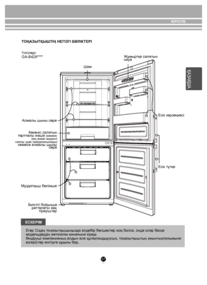 Page 3737
ЕСКЕРIМЕгер Сіздің тоңазытқышыңызда əлдебір бөлшектер жоқ болса, онда олар басқа 
модельдердің жеткізілім жинағына кіреді.
Өндіруші компанияның алдын ала құлақтандырусыз, тоңазытқыштың жиынтықталымына 
өзгерістер енгізуге құқығы бар. КІРІСПЕ
ТОҢАЗЫТҚЫШТІҢ НЕГІЗГI БӨЛIКТЕРI  Үлгілері:  
GA-B429****
ҚАЗАҚША
  
Көкөніс салатын 
тартпалы жəшік (көкөніс 
пен жеміс-жидекті 
сақтау үшін пайдаланылады) 
немесе алмалы шыны сөре
Мұздатқыш бөлімше Биiктiгi бойы нша
ре ттеле тiн аяқ
тiре уiшт ер Есiк тұтқа Есiк...