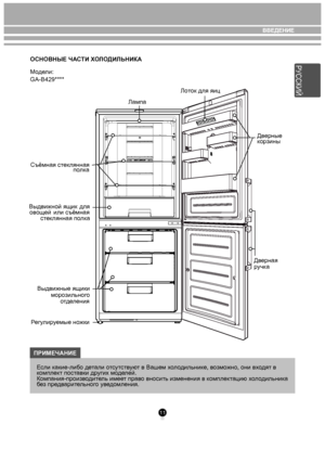 Page 1111
ОСНОВНЫЕ ЧАСТИ ХО ЛО ДИЛЬНИКА
М оде ли: 
GA-B429****
Е сли  каки е-либо де тали  отсут ств уют в Вашем  хо л одильник е, возможно, они вх одят в 
к омплек т поставки др угих моде лей.
Компания-произв одит ель им еет прав о вносить изменения в к омплектацию  хо л одильник а 
б ез пре дварит ельног о уведомления.
ПРИМЕЧАНИЕ Лампа
Дверные 
корзины
Съёмная с тек лянная
полк а Лоток
 для яиц
Выдвижные ящики
моро зильно го
о тде ления        Дв
ерная
р учк а
Выдвижной ящик 
ов ощ ей  или съёмная
ст ек...