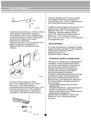 Page 26(30)
(32)
(31)
Рис. 9
(35)
Рис. 8
(25)(27)
(26)
(33)
(34) Рис. 10
• Снимите нижнюю дверную петлю
  рис. 9 (31), открутив винты рис. 9 (30) и
  болты рис. 9 (32) зафиксируйте с
  противоположной стороны петли рис. 9 (31).
• Снимите заглушку рис. 9 (35) в верхней
  части двери морозильного отделения и
  установите с противоположной стороны.• Снимите ограничитель рис. 8 (25) в нижней
  части двери холодильного отделения,
  открутив винты рис. 8 (26) и закрепите его
  на противоположной стороне. Проделайте...