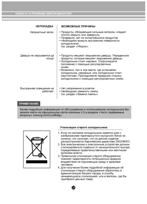 Page 2828
НЕПОЛАДКА
ВОЗМО ЖНЫЕ ПРИЧИНЫ
Неприятный запах • Про
дукты, об ладающие сильным запах ом, следует 
  п лотно закрыть или зав ернуть.
• Пров ерьте, не т ли испор тившихся продуктов.
• Необ хо дим о вымы ть внутренние пов ерхности 
  х ол одильник а.
  См. ра зде л «У борк а». 
Дв ерца не закрыв ается до
 к онца • Про
дукты мешаю т закрыванию дверцы. Пере двиньте 
  про дукты, к оторые мешаю т закрыванию дверцы.
• Х ол одильник ст оит неровно. Отрегу лируйте 
  п ол ожение с помощью регу лировочных...