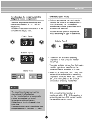 Page 4343
How to adjust the temperature in  th e
 
f r id ge  
a n d  
f r e eze r  
c o m partm en t
• The initial temperature of the fridge and 
  freezer compartments is -20°C and 3°C 
  respectively. 
  You can now adjust the temperature of the 
  compartments as you want.
Exterior Type 1
Interior Type
NOTE The actual inner temperature varies 
depending on the food status, 
as the indicated setting temperature is 
a target temperature, not actual 
temperature  within refrigerator. 
Fridge-freezer function...