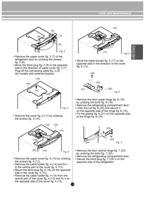 Page 53(6)
(6) (7)
(8) (9)
Fig. 2
(11)
(10)
(10)
Fig. 3
(13)(12)
(14)
(15)
(16)
Fig. 4
(12)
(13)
(17) Fig. 5
(18)
(21)
(19) (20)
Fig. 6
(22)
(23)
(24)Fig. 7
53
TROUBLE SHOOTING
• Remove the upper cover fig. 2 (7) of the
  refrigerator door by undoing the screws
  fig. 2 (6).
• Move the blind plug fig. 2 (8) to the opposite
  side in the direction of upper cover fig. 2 (7).
  Plug off the connecting cable fig. 2 (9)
  (for models with external display).
• Remove the cover fig. 3 (11) by undoing
  the screws fig....