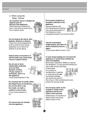 Page 32нет
Ben ze n eEtherTh in n er
NO
.
The  Academ ic
Medicine
32
INTRODUCTION
          
     
    
    
Do not place heavy or dangerous 
objects such on 
the top of the appliance. When opening or closing the 
door it may fall and cause injur
fire or electric shock. y
, 
Do not cling to the doors, door
baskets, drawers or shelves.
These may cause theappliance 
to fall or lead to hand injuries. 
Especially, do not allow the 
children to do the above.
Deterioration of insulation of 
electric parts may cause...