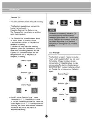 Page 4242
OPERATIONExpress Frz.
• You can use this function for quick freezing.
• The Express Frz. operation takes about 
  24 hours. When its operation ends, 
  it automatically returns to the previous 
  temperature setting. 
  If you want to stop the quick freezing 
  operation, press the Express Frz. Button 
  once more, the lamp goes out, and the 
  Express Frz. Operation stops and the 
  refrigerator returns to the previous 
  temperature setting. • This function is used when you want to 
  freeze the...