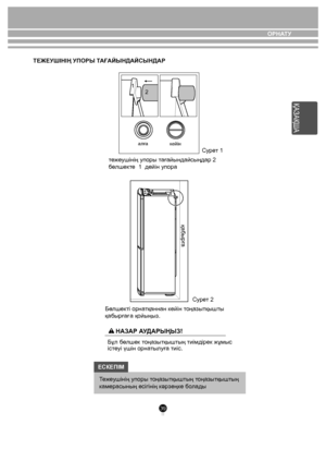Page 3939
Тежеушінің упоры тоңазытқыштың тоңазытқыштың 
камерасының есігінің кəрзеңке болады
тежеушінің упоры тағайындайсыңдар 2 
бөлшекте  1  дейін упора
Бөлшекті орнатқаннан кейін тоңазытқышты 
қабырғағ а қойыңыз.  
қабырга
Бұл бөлшек тоңазытқыштың тиімдірек жұмыс 
істеуі үшін орнатылуға тиіс.
ЕСКЕПlМ
-
ТЕЖЕУШIНIҢ УПОРЫ ТАҒАЙЫНДАЙСЫНДАР 
Сурет 1
алғакейін
1
2
НАЗАР АУДАРЫҢЫЗ!
Сурет 2
ОРНАТУ
ҚАЗАҚША
 