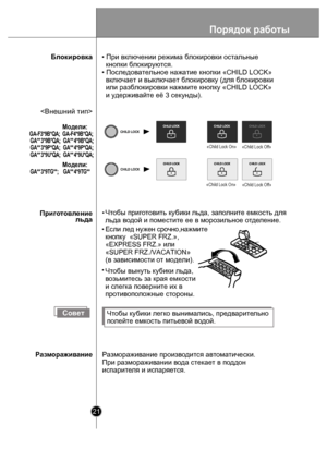 Page 2121
Блокировка
Если ле д нужен сро чно,нажми те
кноп ку  «SUPER FRZ.»,
«EXPRESS FRZ.» 
или 
«SUPER FRZ./VACATION»
(в зависимости от модели).
«Child Lock On» «Child Lock Off»
 «Child Lock On»
«Child Lock Off»
СоветЧ тобы  ку бики лег ко вынимались, пр едв арит ельно
п олейт е емк ость питьев ой водой.
Р азморажив ание произв одит ся а втома тически.
При р азморажив ании во да ст екае т в п оддон 
испари те ля и испа ряется.

• При включении р ежима блокировки остальные
  кнопки блокиру ются.
•...