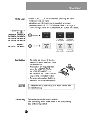 Page 51Operation
51
Child Lock• When «CHILD LOCK» is activated, pressing the other
   buttons would not work.
• «Locking» or «Un-Locking» is repeated whenever
   pressing the «CHILD LOCK» button. (For «Locking» or 
   «Un-Locking» press the «CHILD LOCK» button for 2 secs.) 
Ice Making
•  To make ice cubes, fill the ice
   tray to the water level and place 
   it in the freezer.
•  If ice cubes are required fast,
   press the «SUPER FRZ.»,
   the «EXPRESS FRZ.» or 
   the «SUPER FRZ./VACATION» 
   (depending on...