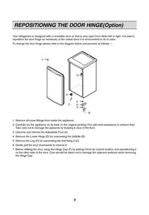 Page 9Your refrigerator is designed with a reversible door so that is may open \
from either left or right. It is best to
reposition the door hinge as necessary at the outset since it is inconve\
nient to do so later .
T o change the door hinge please refer to the diagram below and proceed as\
 follows:—
1. Remove all loose fittings from inside the appliance.
2.  Carefully lay the appliance on its back on the original packing (Y ou will need assistance to achieve this).
T ake care not to damage the pipework by...