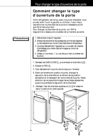 Page 3233
Pour changer le type d’ouverture de la porte
Précautions
Comment changer le type
d’ouverture de la porte
Votre réfrigérateur est conçu avec une porte réversible, vou\
s
pouvez ainsi l’ouvrir à gauche ou à droite. Il vaut mieux
repositionner la charnière de la porte si nécessaire plutôt
que de le faire plus tard.
Pour changer la charnière de la porte, voir SVP le
diagramme ci-dessous et procédez de la manière suivante. 
1. Débranchez d’abord l’appareil.
2. Enlevez les aliments et les accessoires comme...