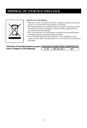 Page 17
17
Disposal of your old appliance
1. When this crossed-out wheeled bin symbol is attached to a product it means the     product is covered by the European Directive 2002/96/EC.2. All electrical and electronic products should be disposed of separately from the     municipal waste stream via designated collection facilities appointed by the     government or the local authorities.3. The correct disposal of your old appliance will help prevent potential negative     consequences for the environment and...