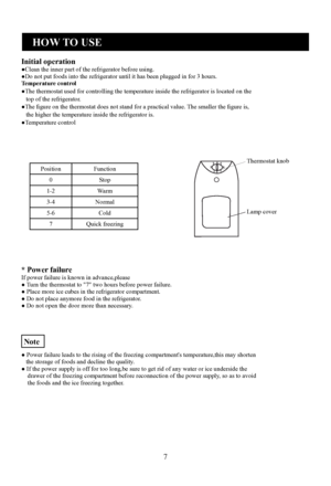 Page 9
7
Initial operation●Clean the inner part of the refrigerator before using.
●Do not put foods into the refrigerator until it has been plugged in for 3 hours.
Temperature control●The thermostat used for controlling the temperature inside the refrigerator is located on the   top of the refrigerator.●The ﬁgure on the thermostat does not stand for a practical value. The smaller the ﬁgure is,   the higher the temperature inside the refrigerator is.●Temperature control
● Power failure leads to the rising of...