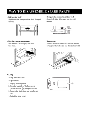 Page 12
WAY TO DISASSEMBLE SPARE PARTS
11
• Refrigerator shelfSlightly rise the front part of the shelf, then pull
outward.

• Freezing compartment drawer
Pull outward.Rise it slightly and then 
take it out.
• Lamp
- Lamp data:240V/15W
- Replacement:
1. Unplug the refrigerator.
2.
  Press the backside of the lamp cover 
(shown as arrow      ), and pull outward.
3.
  Remove the faulty lamp and install a new
one.
4. Reload the lamp cover.

•  Refrigerating compartment door rack
Grasp both sides, lift upward and...