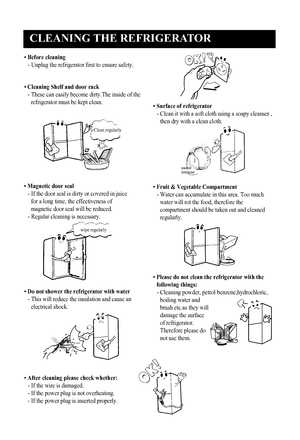 Page 15
Clean regularly
CLEANING THE REFRIGERATOR
14
• Before cleaning
- Unplug the refrigerator first to ensure safety.
• Cleaning Shelf and door rack
-  These can easily become dirty.The inside of the
refrigerator must be kept clean.
•  Surface of refrigerator
-  Clean it with a soft cloth using a soapy cleanser ,
then dry with a clean cloth.
•  Fruit & Vegetable Compartment
-  Water can accumulate in this area. Too much
water will rot the food, therefore the
compartment should be taken out and cleaned...