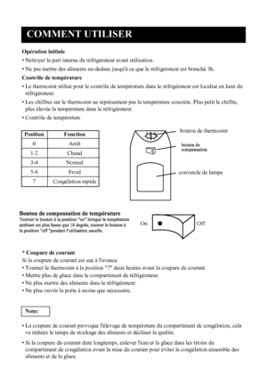 Page 25
COMMENT UTILISER
6
Opération initiale
• Nettoyer la part interne du réfrigérateur avant utilisation.
• Ne pas mettre des aliments au-dedans jusqu'à ce que  le réfrigérateur est branché 3h.
Contrôle de température
• Le thermostat utilisé pour le contrôle de température dans le réfrigérateur est localisé en haut du
réfrigérateur.
• Les chiffres sur le thermostat ne représentent pas la température concrète. Plus petit le chiffre,
plus élevée la température dans le réfrigérateur.
• Contrôle de...