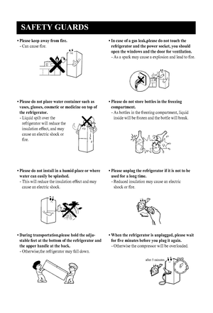 Page 7
SAFE\bY GUARDS
6
• Please keep away from fire.- Can cause fire.

• Please do not install\V in a humid place or wherewater can easily be splas\Vhed.- This will reduce the insulation effect and \0may cause an electric shock.

• During transportation,pl\Vease hold the adju- stable feet at the bott\Vom of the refrigerator an\Vd
the upper handle at the back.- Otherwise,the refrigerator may fall down.
• Please do not place wat\Ver container such as
vases, glasses, cosmetic \Vor medicine on top of 
the...