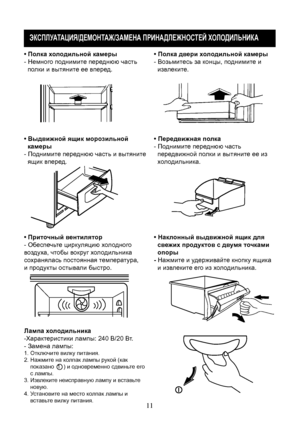 Page 31
11
ЭКСПЛУАТАЦИЯ/ДЕМОНТАЖ/ЗАМЕНА ПРИНА ДЛЕЖНОСТЕЙ ХОЛО ДИЛЬНИКА
• Полка холодильной камеры
- Немного поднимите переднюю часть
  полки и вытяните ее вперед. • 
По
лка дв ери хо лодильной камеры
- Возьмитесь за к онцы, по днимите и
  из
в леките.
• Выдвижной ящик морозильной 
  камеры
- Поднимите переднюю часть и вытяните
  ящик вперед. • Передвижная п
о
лка
- Поднимите пере днюю часть 
  
пере движной полки и вытяните ее из
  
холо дильника.
Лампа хо лодильника
-Характеристики лампы: 240 В/20 Вт.
- Замена...