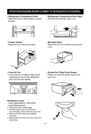 Page 14
11
OPERATION/DISASSEMBLING/REPLACEMENT OF REFRIGERATOR ACCESSORIES
• Refrigerator Compartment Shelf
- Raise the front of shelf slightly and pull 
  forward.  • Refrigerator Compartment Door Rack
 
- Hold and lift the ends, take it out.
• Freezer Drawer 
- Raise the front and pull forward. • Moveable Rack- Raise the front of movable rack and pull 
  it out.
Refrigerator Lamp
- Lamp speciﬁcations: 240V/20W.
- Lamp Replacement:1. Unplug the power supply plug.2. Push the lamp cover out with hand     (as...