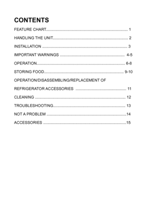 Page 3
CONTENTS
FEATURE CHART............................................................................ 1
HANDLING THE UNIT.....................
................................................. 2
INSTALLATION 
............................................................................... 3
IMPORTANT WARNINGS
 ............................................................  4-5
OPERATION.......................................................................
........... 6-8
STORING...