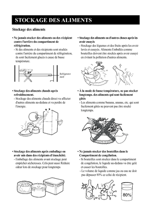 Page 11
STOCKAGE DES ALIMENTS
10
Stockage des aliments
• Ne jamais stocker des aliments ou des récipient
contre l'arrière du compartiment de
réfrigération.
-  Si des aliments et des récipients sont stockés
contre l'arrière du compartiment de réfrigération,
ils sont facilement glacés à cause de basse
température.

Refrigerator
shelf
•  Stockage des aliments chauds après
refroidissement.
-  Stockage des aliments chauds direct va affecter
d'autres aliments au-dedans et va perdre de
l'énergie.

•...