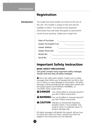 Page 2
32
Registration
IntroductionThe model and serial number are found on the rear of
this unit. This number is unique to this unit and not
available to others. You should record requested
information here and retain this guide as a permanent
record of your purchase. Staple your receipt here.Date of Purchas
e:
Dealer Purchased Fro
m:
Dealer Addres
s:
Dealer Phone No
.:
Model No
.:
Serial No
.:
Important Safety Instruction
BASIC SAFETY PRECAUTIONS
This guide contains many important safety messag
es.
Always...