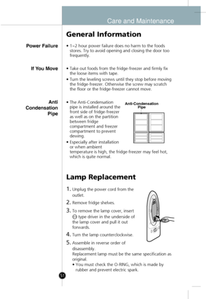 Page 21
Care and Maintenance
Power Failure
General Information
•1~2 hour power failure does no harm to the foods
stores. Try to avoid opening and closing the door too
frequently.
Lamp Replacement
1.Unplug the power cord from the
outlet.
2.Remove fridge shelves.
3.To remove the lamp cover, insert 
type driver in the underside of
the lamp cover and pull it out
forwards.
4.Turn the lamp counterclockwise.
5.Assemble in reverse order of
disassembly.
Replacement lamp must be the same specification as
original.
• You...