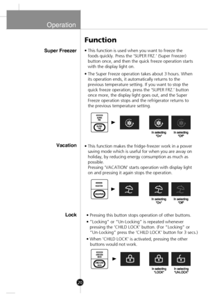 Page 18
Operation
Super Freezer• This function is used when you want to freeze thefoods quickly. Press the ‘SUPER FRZ.’ (Super Freezer)
button once, and then the quick freeze operation starts
with the display light on.
• The Super Freeze operation takes about 3 hours. When its operation ends, it automatically returns to the
previous temperature setting. If you want to stop the
quick freeze operation, press the ‘SUPER FRZ.’ button
once more, the display light goes out, and the Super 
Freeze operation stops and...