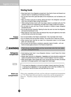 Page 2426
Suggestion on food storage
When store vegetables and fruits, set the multi-use compartment temperature 
to 1-7°C. When store fish and meat for a short time, set the temperat\
ure to 
below 0¥. Therefore, always check the temperature setting before store 
foods.Multi-use
compartment
Note
 