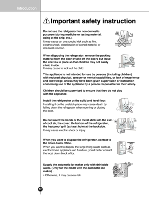 Page 810
When disposing the refrigerator, remove the packing
material from the door or take off the doors but leave
the shelves in place so that children may not easily
climb inside. 
It many cause to lock out the child.
Installing it on the unstable place may cause death by
falling down the refrigerator when opening or closing 
the door. Do not use the refrigerator for non-domestic 
purpose (storing medicine or testing material, 
using at the ship, etc.).
It may cause an unexpected risk such as fire,...