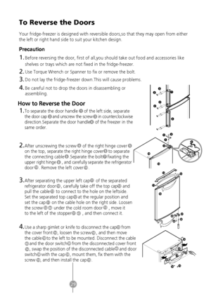 Page 27To Reverse the Doors
Precaution
1.
2.
3.
4.
How to Reverse the Door
1.To separate the door handle     of the left side, separate 
the door cap     and unscrew the screw     in counterclockwise
direction.Separate the door handle    of the freezer in the
same order. 
2
1
3
4
2.After unscrewing the screw     of the right hinge cover    
on the top, separate the right hinge cover    to separate 
the connecting cable    .Separate the bolt    fixating the 
upper right hinge     , and carefully separate the...