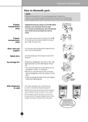 Page 20
Afterdispenser
isused

Thewatercollectorhasnoself-draining
function.Itshouldbecleanedregularly.
Removethecoverbypullingthefrontsideof
watercollectorcoveranddryitwithacloth.
Pullthecoverfullytothefront①andpullup
therearendofthecover②slightlytopullitout.
③Cleanthefloorandcoverwithadrycloth.

20
Care and maintenance

How todismantle parts
•Dismantling is done in the reverse sequence of assembly.
Be sure to unplug the power plug before dismantling and assembly.
Never apply severe force to dismantle parts....