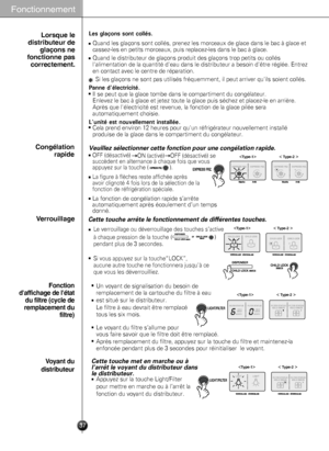 Page 37< Type-2 >
Lorsque le
distributeur de
glaçons ne
fonctionne pas
correctement. 
Congélation
rapide
Verrouillage
Fonction
daffichage de létat
du filtre (cycle de
remplacement du
filtre) 
Voyant du
distributeur
Les glaçons sont collés. 
Quand les glaçons sont collés, prenez les morceaux de glace dans le bac à glace et
cassez-les en petits morceaux, puis replacez-les dans le bac à glace. 
Quand le distributeur de glaçons produit des glaçons trop petits ou collés
lalimentation de la quantité deau dans le...