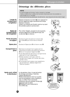 Page 46Nettoyage et entretien
46
Démontage  des  différentes  pièces
Compartiment àglace
Après avoir utilisé le distributeur
Panier de porte 
et support
Space plus Lampe du
compartiment congélateur
Soulevez le panier de porte en le tenant des
deux côtés 
()puis tirez-le dans la direction
().
Soulevez le Space plus (
) et tirez-en vers (     ).
Maintenez le compartiment à glace comme
indiqué dans le schéma de droite puis retirez-le
() tout en le soulevant légèrement   (    ).
Il est déconseillé de démonter le...