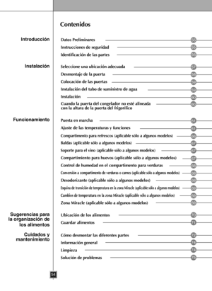 Page 54
Contenidos
Datos Preliminares
Instrucciones de seguridad
Identificación de las partes
Seleccione una ubicación adecuada
Desmontaje de la puerta
Instalación del tubo de suministro de agua
Instalación
Puesta en marcha
Ajuste de las temperaturas y funciones
Compartimento para refrescos (aplicable sólo a algunos modelos)
Baldas (aplicable sólo a algunos modelos)
Soporte para el vino (aplicable sólo a algunos modelos)
Compartimiento para huevos (aplicable sólo a algunos modelos)
Control de humedad en el...