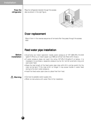 Page 7
Door replacement
Feed water pipe installation
Pass the refrigerator laterally through the access
door as shown in the right figure.
Automatic ice maker operation needs water pressure of 147~834 kPa (1.5~8.5
kgf/cm2) (That is, an instant paper cup (180 cc) will be fully filled within 3 sec.).
If water pressure does not reach the rating 147 kPa (1.5 kgf/cm2) or below, it is
necessary to purchase a separate pressure pump for normal automatic icin\
g and
cool water feed.
Keep the total length of the feed...