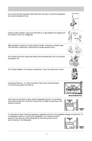 Page 1312
Do not open the door frequently. Opening the door lets warm air enter the refrigerator,
and cause temperature to rise.Do not store food which goes bad easily at low temperatures. Such as bananas,
pineapples, etc.Close the door properly, make sure that there is no gap between the gasket and
the cabinet of your LG  refrigerator.Wipe excessive moisture on food or place it inside  containers or plastic bags.
This will help in retaining its  freshness for a longer period of time.Do not store bottles in the...