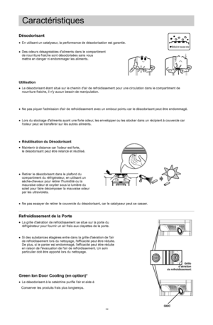 Page 22GIDC7CaractéristiquesDésodorisant
l
En utilisant un catalyseur, la performance de désodorisation est garantie.
l
Des odeurs désagréables daliments dans le compartiment 
de nourriture fraiche sont désodorisées sans vous 
Molécule de mauvaise odeurGrille 
daération 
de refroidissement
 