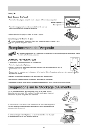 Page 26N
T OE
11GLAÇON
Bac à Glaçons One Touch
l
Pour réaliser des glaçons, remplir le moule à glaçons et linsérer dans sa position.
l
Pour retirer les glaçons, tourner doucement le levier du bac. Les 
glaçons tombent ensuite dans le bac à glaçons.
l
Remplir avec de leau jusquau niveau du moule à glaçons.
Instructions pour la Réserve de glace
Utiliser uniquement la Réserve de Glace pour stocker des glaçons. Ne pas y faire
de la glace car cela peut la casser.
 Remplacement de lAmpoule
l
Nimporte quelle ampoule...