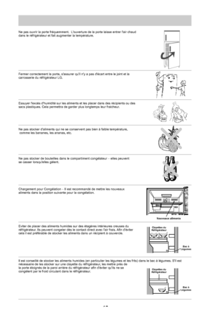 Page 2712Bac à 
LégumesBac à 
LégumesNouveaux alimentsClayettes du 
RéfrigérateurClayettes du 
RéfrigérateurNe pas ouvrir la porte fréquemment.  Louverture de la porte laisse entrer lair chaud 
dans le réfrigérateur et fait augmenter la température.
Fermer correctement la porte, sassurer quil ny a pas décart entre le joint et la 
carrosserie du réfrigérateur LG.
Essuyer lexcès dhumidité sur les aliments et les placer dans des récipients ou des 
sacs plastiques. Cela permettra de garder plus longtemps leur...