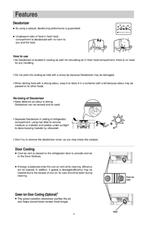 Page 8Features
   Deodorizer
bad odour moleculelBy using a catalyst, deodorizing performance is guaranteed.
Dont try to remove the deodorizer cover, as you may break the catalyst.Unpleasant odor of food in fresh food
compartment is deodorized with no harm to
you and the food.
How to use  As Deodorizer is located in cooling air path for circulating air in fresh food compartment, there is no need
for any handling.  Do not prick the cooling air inlet with a sharp tip because Deodorizer may be damaged.  When...