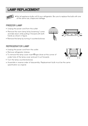 Page 18LAMP REPLACEMENT
FREEZER LAMP
Unplug the power cord from the outlet.
Remove the room lamp lid by loosening 1 screw and take down while pulling it forward with both  
hands as shown in figure.
Remove the lamp by turning it counterclockwise.
REFRIGERATOR LAMP



 
Not all appliance bulbs will fit your refrigerator. Be sure to replace t\
he bulb with one 
of the same size, shape and wattage.NOTE
 Unplug the power cord from the outlet.
 Remove refrigerator shelves.
     

To remove the lamp cover...