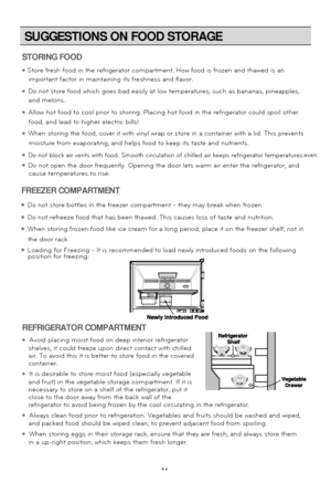 Page 1616
STORING FOOD
Store fresh food in the refrigerator compartment. How food is frozen and\
 thawed is an important factor in maintaining its freshness and flavor.
Do not store food which goes bad easily at low temperatures, such as ban\
anas, pineapples, and melons.
Allow hot food to cool prior to storing. Placing hot food in the refrige\
rator could spoil other  
food, and lead to higher electric bills!
When storing the food, cover it with vinyl wrap or store in a container \
with a lid. This...