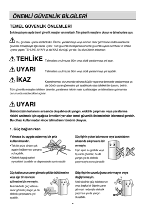 Page 3ÖNEML‹ GÜVENL‹K B‹LG‹LER‹
3
Bu k›lavuzda çok say›da önemli güvenlik mesajlar› yer \
almaktad›r. Tüm güvenlik mesajlar›n› okuyun ve daima bunl\
ara uyun.
Bu, güvenlik uyar›s› sembolüdür. Ölüme, yaralanmaya\
 veya ürünün zarar görmesine neden olabilecek
güvenlik mesajlar›yla ilgili olarak uyar›r. Tüm güvenlik \
mesajlar›n›n önünde güvenlik uyar›s› sembolü ve \
tehlike
uyar›s› yapan TEHL‹KE, UYARI ya da ‹KAZ sözcü¤ü \
yer al›r. Bu sözcüklerin anlamlar›:
Tüm güvenlik mesajlar› tehlikeyi tan›mlar, yaralanma...